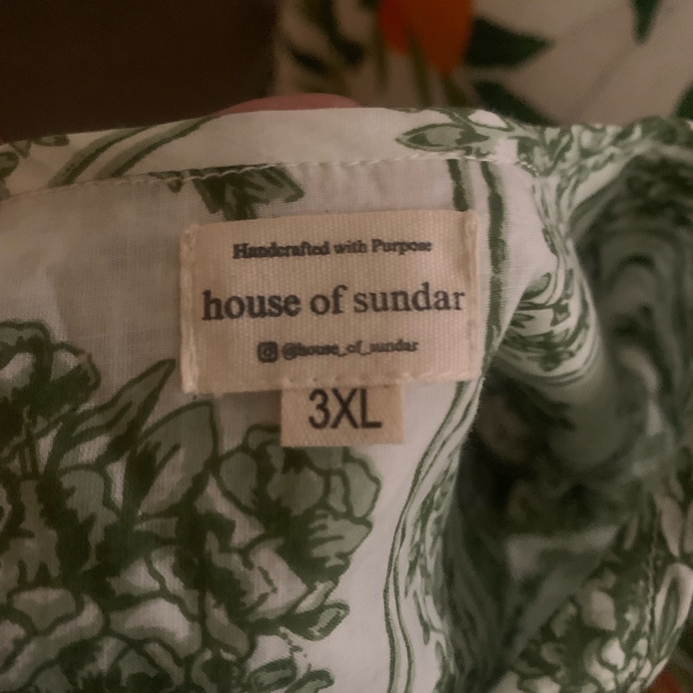 House of Sundar Block Print Green and White Floral Dress - Picture 2 of 3